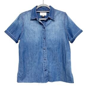 Current/Elliott Womens Size 2 The Lu Blue Chambray Frayed Hem Short Sleeve Top